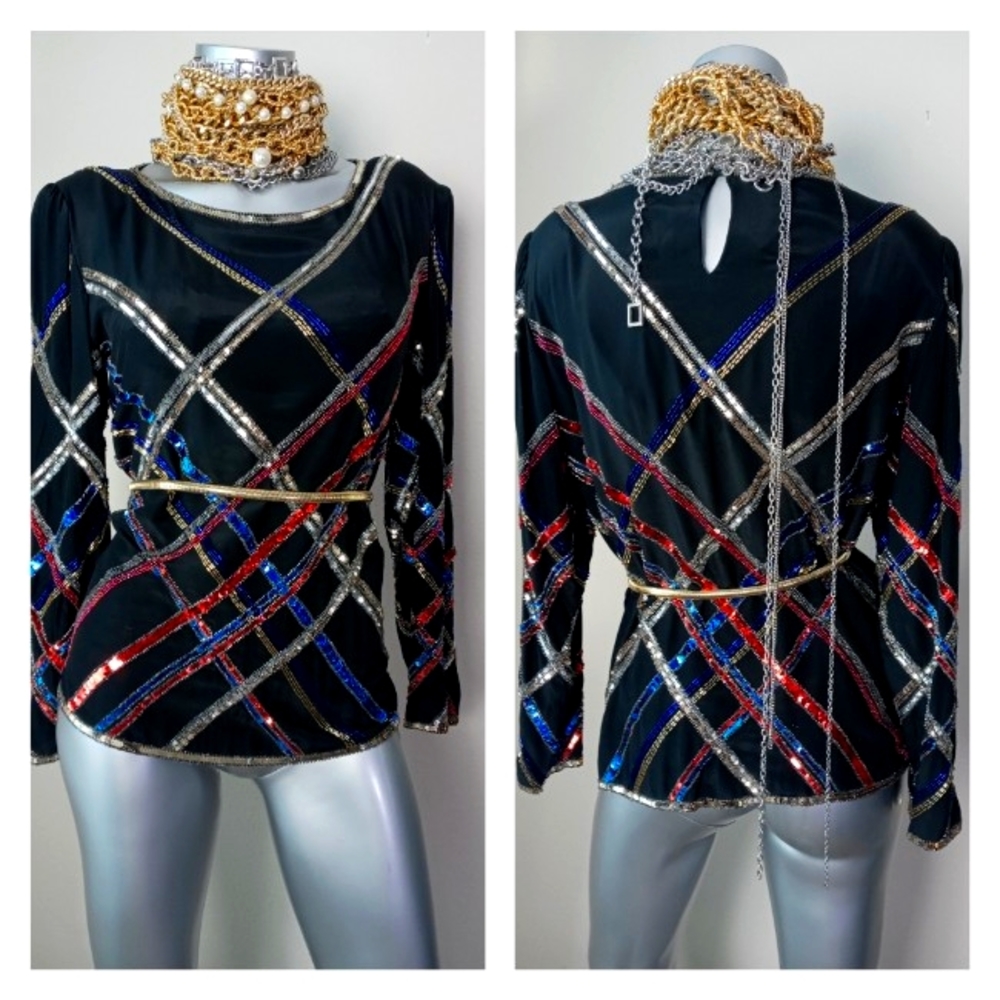 "ARGENTI" VinTage 100% Silk Sequins & Beads Cocktail Top - Picture 14 of 16